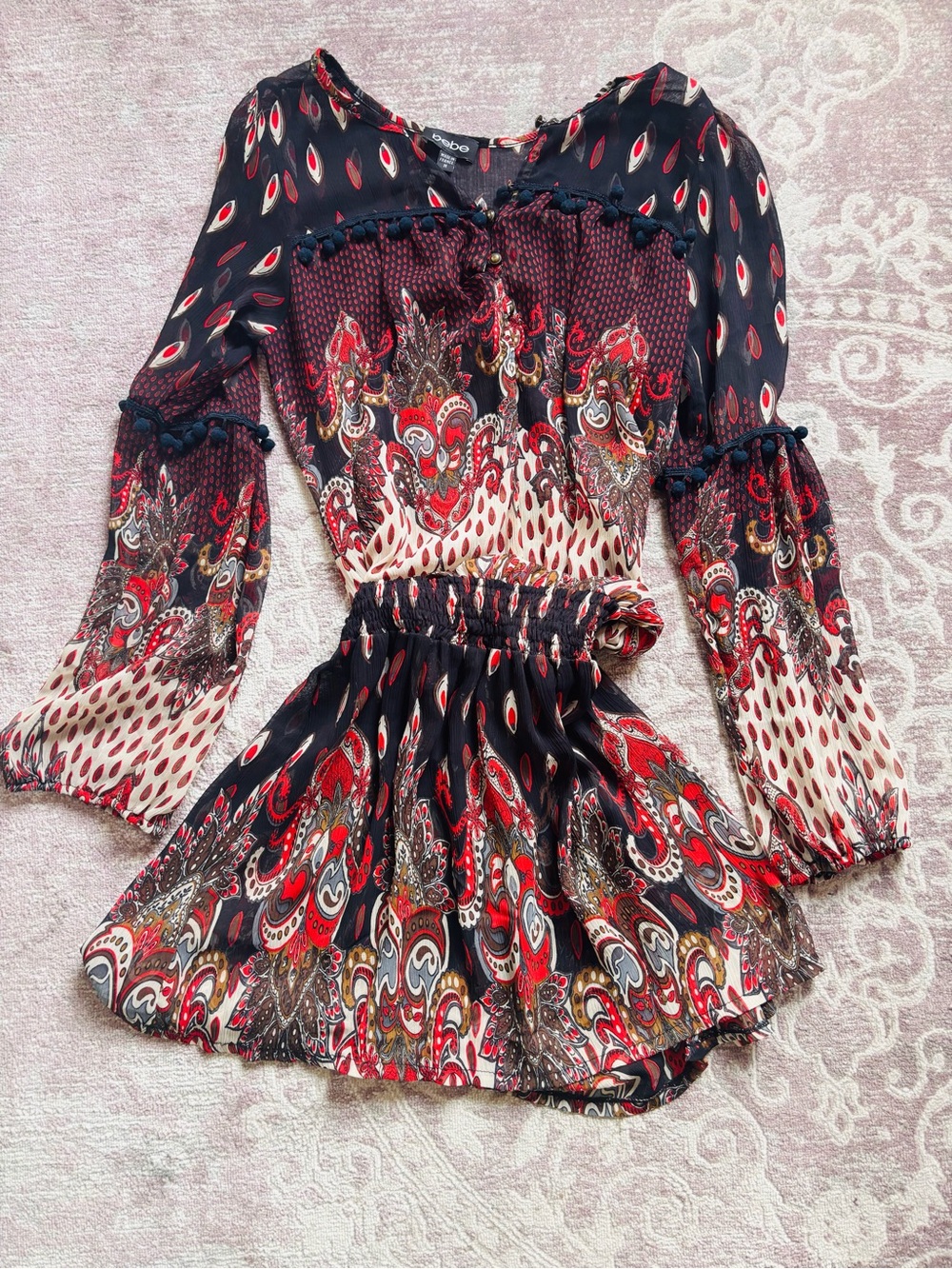BEBE sheer paisley long sleeves dress